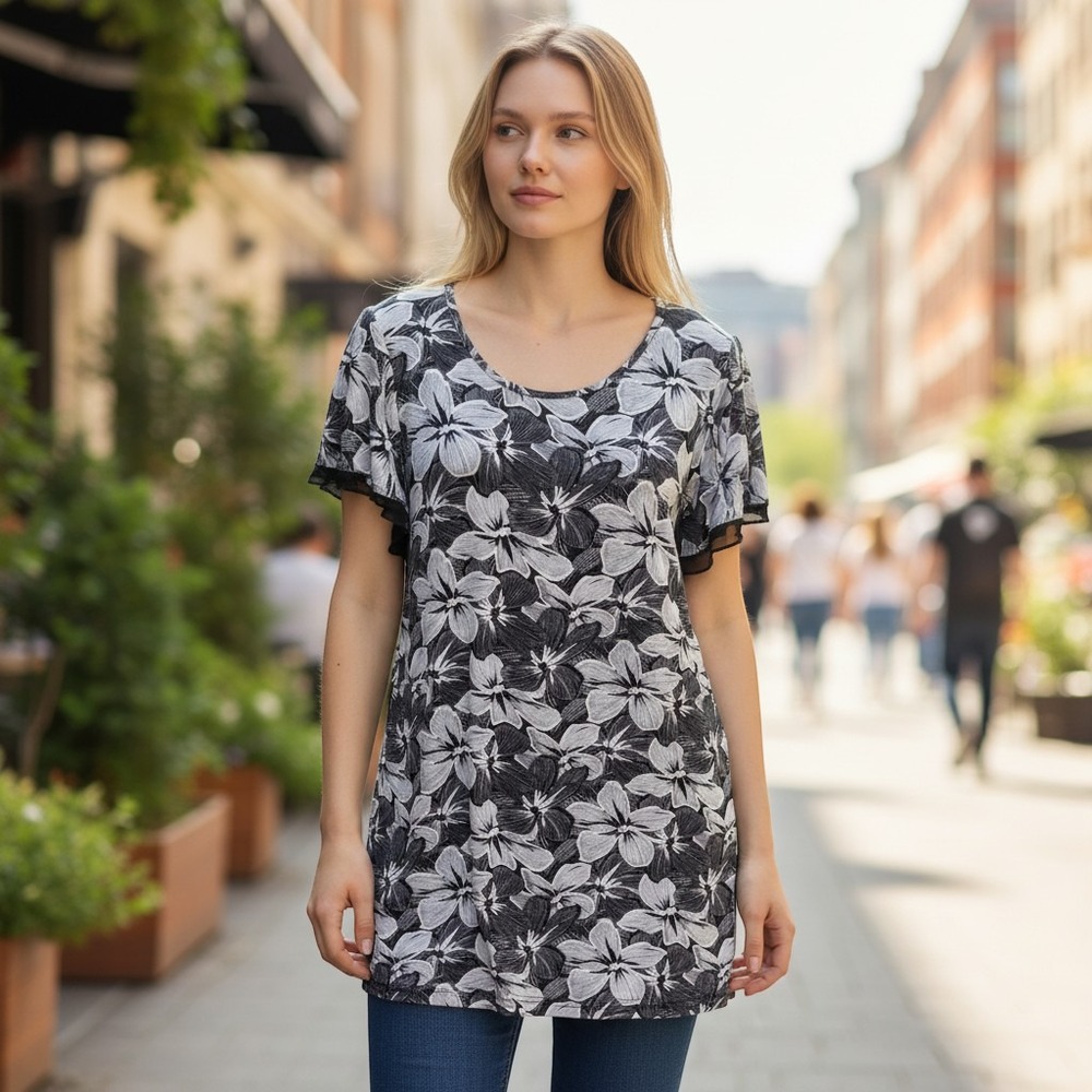 L&B Floral Tunic Top Large Black White Hibiscus Short Sleeve Mesh Trim Excellent